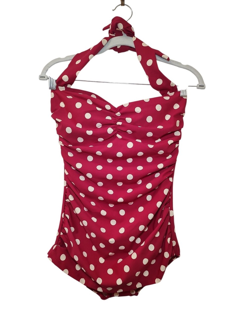 Esther Williams red white polkadot halter one-piece swimsuit ruched fabric Sz 12 - Picture 3 of 16